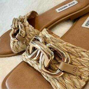 Steve Madden Gene Raffia Gold Chain Embellished Slide Sandals